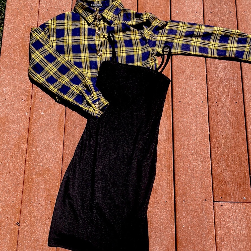 Plaid jacket & black cami dress